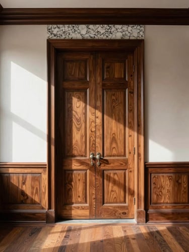 Straight-on architectural shot of a historic brownstone parlor room with natural daylight casting sharp shadows on custom walnut millwork integrated into plaster walls, travertine stone details.