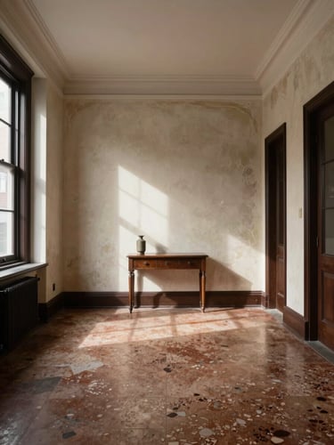 Straight-on architectural shot of a historic brownstone living room, warm travertine floors meeting original restored plaster walls, natural directional daylight casting sharp shadows.