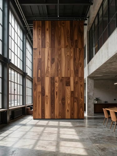 Straight-on architectural one-point perspective of a massive Tribeca loft. Natural daylight streams through tall industrial steel windows, illuminating a custom walnut partition wall that separates the living zone from a concrete-floored dining area.