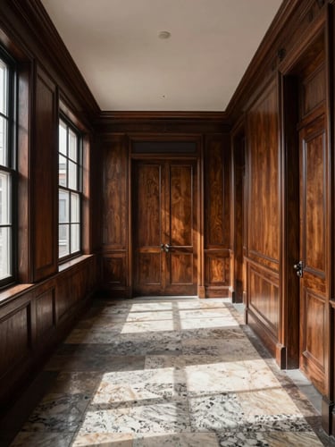 Straight-on architectural one-point perspective of a historic brownstone parlor room, natural daylight casting sharp shadows on deep walnut millwork and travertine stone floor.