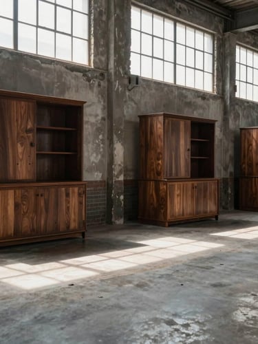 Wide environmental shot of an industrial loft, deep walnut cabinetry dividing an open floor plan, sharp shadows from large factory windows.