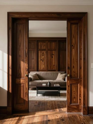Portrait framing, straight-on architectural shot of a historic brownstone living room, deep walnut custom millwork integrated into original plaster walls, natural directional daylight casting sharp shadows.
