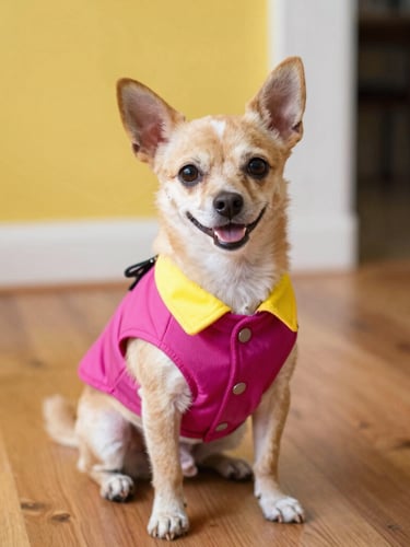 A happy small dog wearing a vibrant magenta and yellow handcrafted vest, sitting on a warm wooden floor in a sunlit room, eye-level shot, 35mm photography