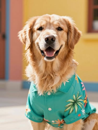 Bright editorial pet photography, warm natural daylight, a happy golden retriever wearing a vibrant tropical teal shirt, eye-level medium shot, shallow depth of field