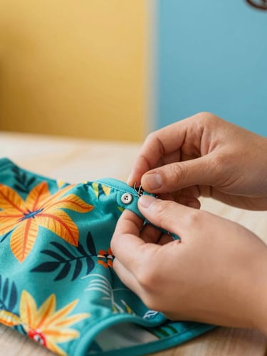 Close-up of hands sewing a colorful tropical pet shirt with teal fabric in a warm, sunlit family workshop in Celaya, bright editorial pet photography, 35mm