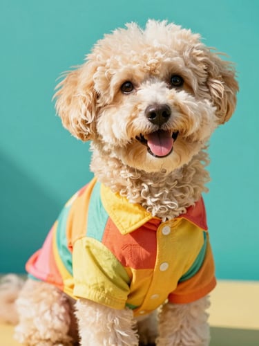 A joyful fluffy dog wearing a vibrant, colorful handmade shirt, eye-level bright editorial pet photography, warm natural daylight, vibrant teal background