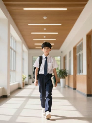 A bright sunlit, modern elite school campus corridor with high ceilings, warm wood accents, and a student in clean uniform walking with books, shallow depth of field, premium editorial photography
