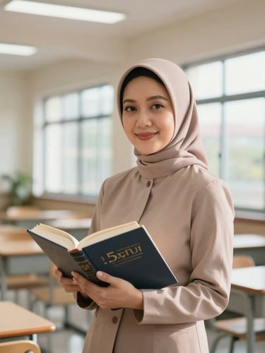 Professional portrait of an elegant Indonesian teacher in a sunlit modern classroom, holding a classic book, warm editorial lighting, shallow depth of field, 35mm