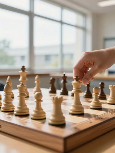 Close-up of a high-quality wooden chessboard with light streaming through a tall window, a student's hand in soft focus contemplating the next move, warm ivory tones, premium editorial photography