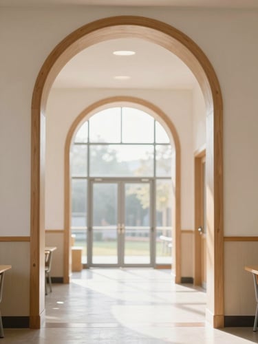 A bright sunlit modern school corridor with classic wooden arches, soft morning light, premium editorial photography, shallow depth of field, 35mm