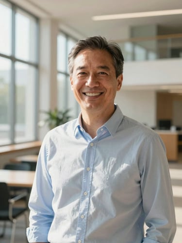 A warm, sunlit portrait of a professional mentor in a modern academic setting, smiling warmly, soft natural window lighting, shallow depth of field, premium editorial photography, 35mm