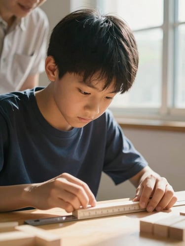 Eye-level shot of a student carefully measuring wooden blocks with a steel ruler under warm natural window light, an educator guiding from the side.