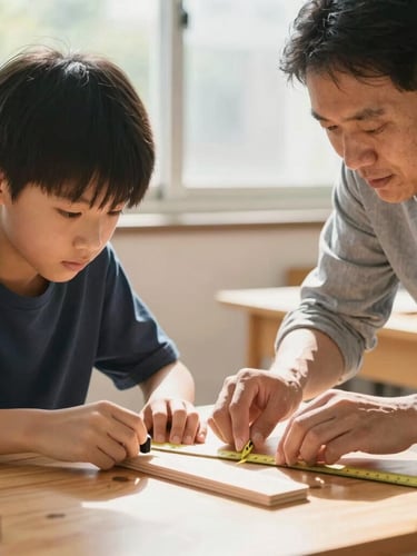 Eye-level mid-shot of a student and an educator side-by-side at a wooden table, carefully measuring a piece of wood with a ruler, natural warm daylight streaming from a nearby window, clean focus on hands-on coordination.