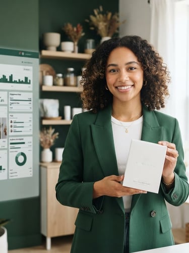 Wide shot of a diverse creator, mid-shot, holding clean white supplement packaging, bright natural daylight, crisp studio accents, sharp focus, technical social media dashboard mock-up subtly overlaid in the background, deep green tones.
