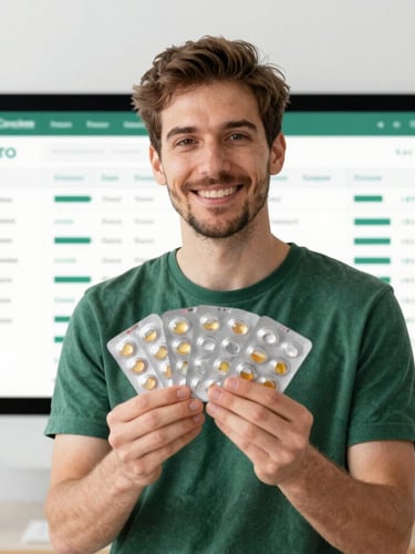 Portrait shot of a science-fluent creator holding clean vitamin packaging, with a subtle split-screen overlay of a campaign dashboard showing ROI metrics, bright natural daylight, crisp studio accents, sharp focus, 35mm