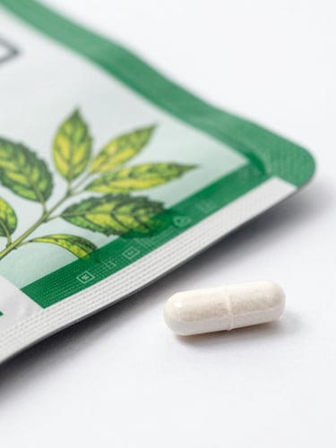 Close-up of botanical supplement packaging next to a tablet displaying social media analytics, bright studio light, sharp focus, 35mm