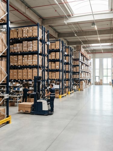 Modern warehouse interior, organized pallet racks, bright natural daylight, deep navy and white tones, sharp focus, wide shot, with a clear aisle leading to the right