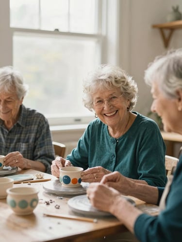 Warm natural light streaming through a window onto seniors laughing while working on a colorful ceramic craft project, shallow depth of field.