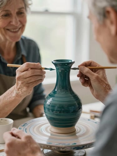 Warm close-up of an older participant smiling while painting a ceramic vase, natural window light illuminating the table, soft focus.
