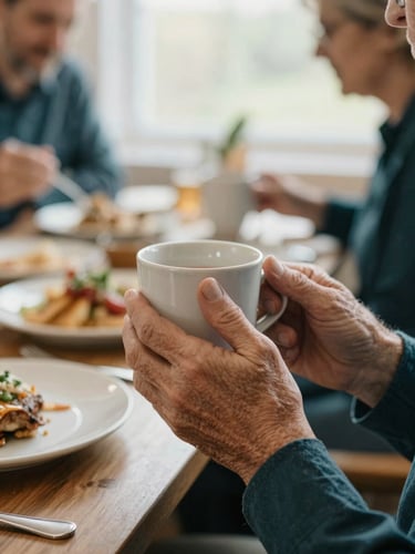 A close-up shot of a senior's hands gently holding a ceramic mug during a social meal, warm natural lighting, soft focus background showing a lively dining space.