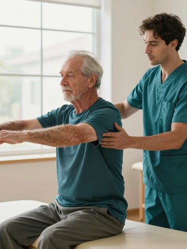 A physical therapist gently guiding a senior man through light mobility exercises in a bright, modern therapy room filled with natural window light.