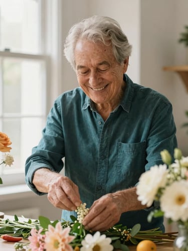 An active senior participant smiling warmly while arranging colorful flowers in a bright, sunlit room, shallow depth of field, authentic humanist style.