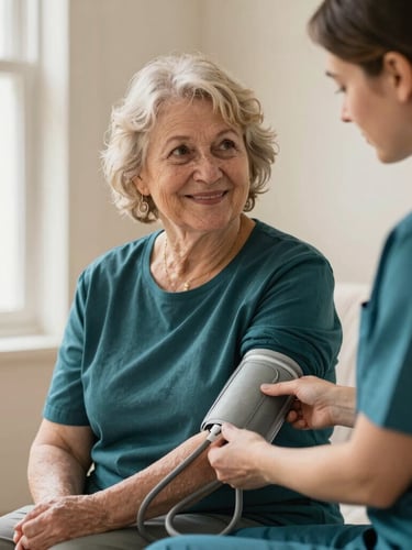 A warm portrait of an elderly woman smiling gently while a professional caregiver in a dark teal uniform checks her blood pressure, soft natural window light, cream background.