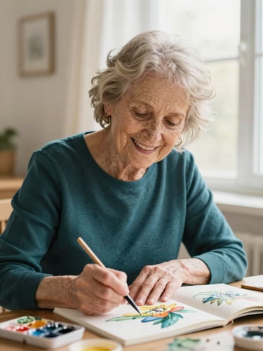 Warm editorial photography of an elderly woman smiling warmly as she works on a colorful watercolor painting, soft natural window light, shallow depth of field, authentic cream and deep teal tones.