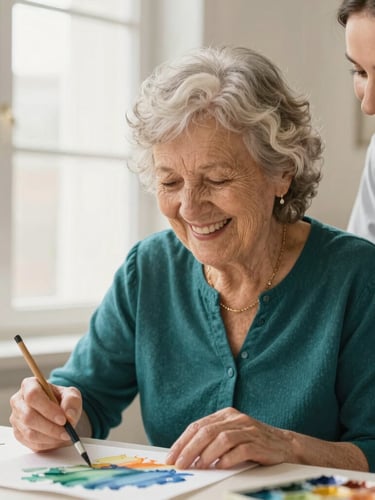 A warm close-up of an elderly woman laughing as she paints with watercolor, guided gently by a smiling female caregiver in a bright, sunlit room.