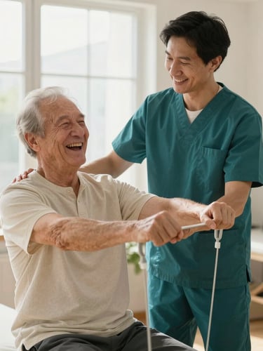 Warm editorial photography of a licensed physical therapist gently guiding a senior gentleman through light resistance exercises, both sharing a genuine laugh, bright sunlit therapy room, shallow depth of field, authentic.