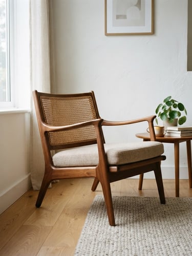 Clean modern living room corner, a mid-century wooden chair in soft natural daylight, minimalist aesthetic, 35mm photography