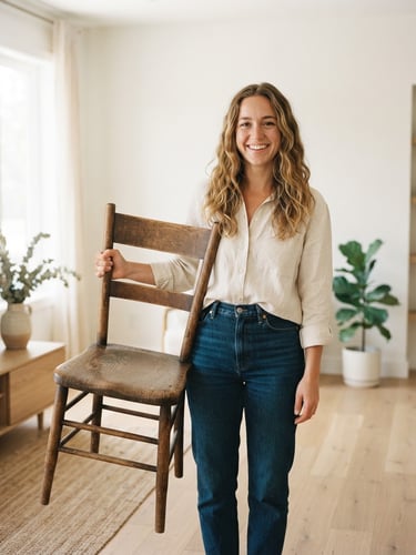 Medium shot of a young woman smiling honestly, holding a vintage wooden chair in a sunlit, clean minimalist living room, soft natural daylight, neutral domestic background, realistic textures, 35mm