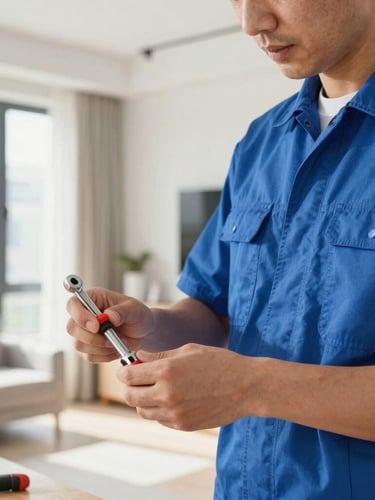 Close-up of a professional technician in a clean blue uniform neatly organizing tools in a modern bright apartment, natural daylight, 35mm lens