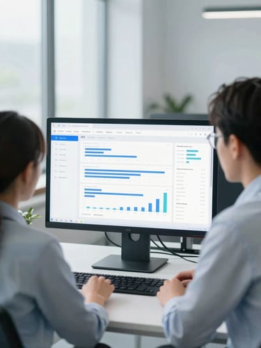 Two professionals in a bright modern office discussing data flow on a clean monitor screen, displaying a beautifully designed minimalist dashboard, natural lighting, cool blue tones.