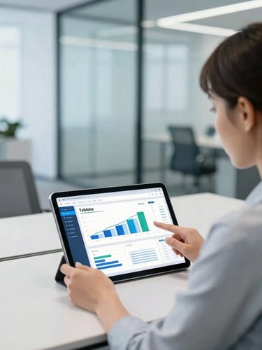 Over-the-shoulder shot of a female executive analyzing a clean corporate Tableau dashboard on a tablet, bright natural office light, modern glass walls, cool blue tones