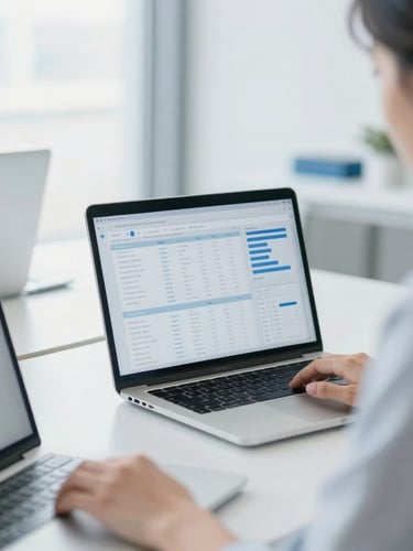 Close-up of professionals collaborating over clean laptop screens showing data flows, bright natural office light, minimalist workspace, cool blue and white tones.