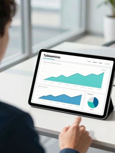 Over-the-shoulder view of a corporate analyst presenting a clean, modern Tableau dashboard on a tablet in a bright, sunlit glass office, navy and teal accents, professional workspace.
