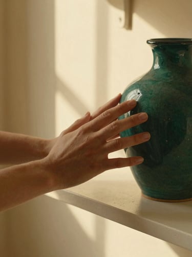 Close-up of hands touching a textured ceramic vase on an ivory shelf, warm golden-hour window light casting soft shadows, 35mm editorial photography