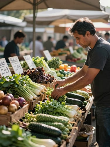 Environmental wide shot of a man arranging vegetables at a small market stall, hands actively sorting produce, wooden crates and hand-written price boards visible, morning light falling across the stall from the left, surrounding market activity blurred in the background