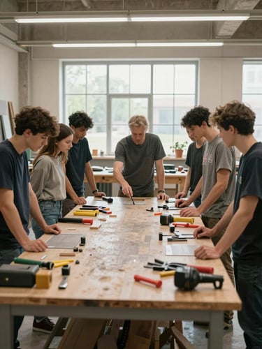 Wide environmental frame, right-side bleed: a small group of young men and women gathered around a workbench in a construction-trades workshop, mid-session, tools and raw materials in use under open-window daylight, mentor gesturing at a joint detail—asymmetric composition, no faces turned to camera