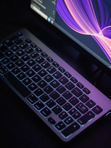 Close-up overhead shot of a sleek dark keyboard and a secondary monitor displaying abstract purple and rose data-visualization lines on a black interface, cool blue-white rim light hitting the keyboard edge, no human presence, high contrast, cinematic crop