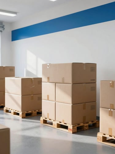 A bright, clean warehouse interior with organized shipping pallets and cardboard boxes, crisp daylight, professional corporate photography.