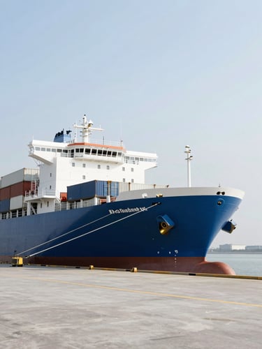 A wide environmental shot of a modern cargo ship docked at a clean logistics hub, bright neutral daylight, clean blue and white tones, sharp focus.