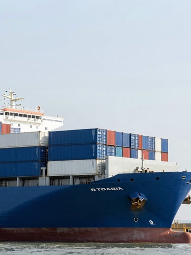 A wide environmental shot of a modern cargo ship loaded with blue and white shipping containers, docked at a clean logistics terminal under bright neutral daylight, sharp focus