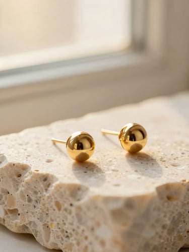 Macro close-up of gold earrings resting on raw travertine stone, soft golden-hour window light, warm editorial photography, creamy ivory tones, shallow depth of field.