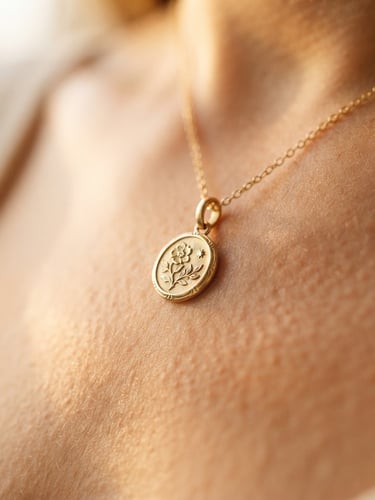Extreme macro close-up of a delicate gold pendant catching soft golden-hour light on warm skin, shallow depth of field, creamy ivory background.