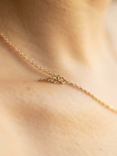 Extreme macro close-up of a delicate tarnish-resistant gold necklace catching soft golden-hour window light on warm skin, shallow depth of field, minimalist editorial style