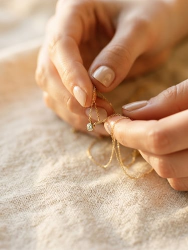 Macro close-up of hands holding a delicate gold necklace over textured linen, warm editorial photography, soft golden-hour window light, creamy ivory tones, shallow depth of field.