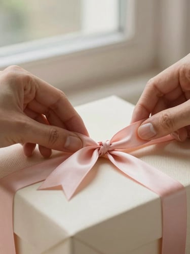 Close-up of hands gently tying a soft blush pink silk ribbon on a cream-colored textured gift box, warm natural window light, shallow depth of field, 35mm