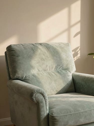 A comfortable armchair bathed in soft morning light, leaf shadows on a warm sand-colored wall, shallow depth of field, 35mm